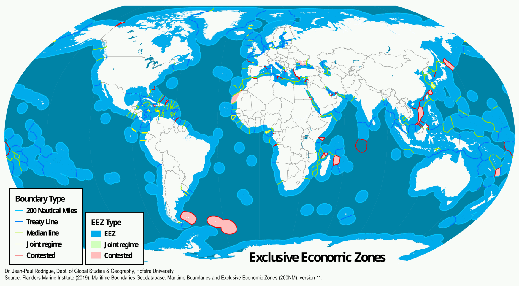 An exclusive economic zone (EEZ), as prescribed by the 1982 United Nations Convention on the Law of the Sea, is an area of the sea in which a sovereign state has exclusive rights regarding the exploration and use of marine resources, including energy production from water and wind. EEZ does not define the ownership of any maritime features (islands, rocks and low-tide elevations) within the EEZ. It stretches from the outer limit of the territorial sea (22.224 kilometres or 12 nmi from the baseline) out 370.4 kilometres (or 200 nautical miles) from the coast of the state in question. It is also referred to as a maritime continental margin and, in colloquial usage, may include the continental shelf. The term does not include either the territorial sea or the continental shelf beyond the 200 nautical mile limit. The difference between the territorial sea and the exclusive economic zone is that the first confers full sovereignty over the waters, whereas the second is merely a "sovereign right" which refers to the coastal state's rights below the surface of the sea. The surface waters are international waters.