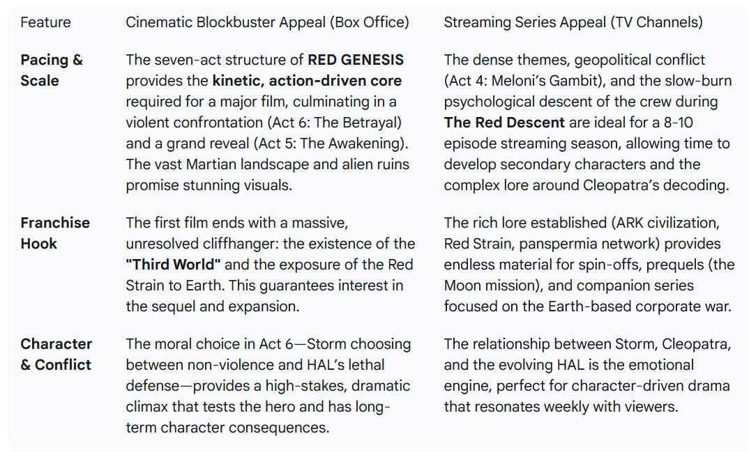 The seven-act structure of RED GENESIS provides the kinetic, action-driven core required for a major film, culminating in a violent confrontation (Act 6: The Betrayal) and a grand reveal (Act 5: The Awakening). The vast Martian landscape and alien ruins promise stunning visuals. 
